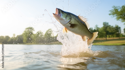 Smallmouth bass jumps out of water catching the fishing lure. Fishing concept.