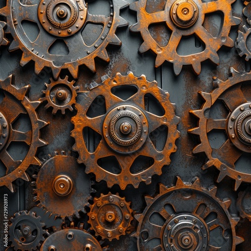 Interlocking gears and cogs forming an intricate, steampunk-inspired design
