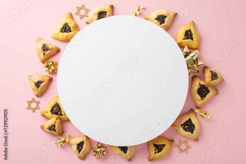 Holiday menu setup for Purim, showcasing top view triangular pastries, symbols of Star of David, and gold celebration accents, arranged on a pastel pink backdrop with circular void for text insertion