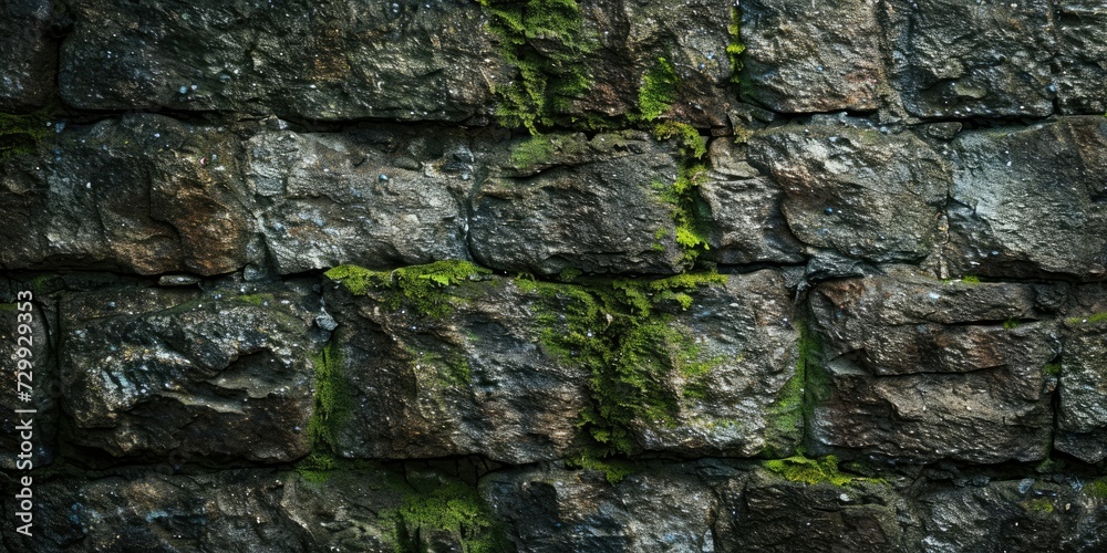 Textured stone wall with green moss growth, suitable for backgrounds and natural patterns.