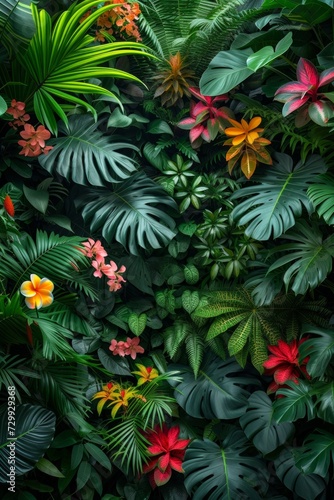 Vivid Rainforest Canopy: Layers of vibrant, exotic foliage create an abstract representation of a lush, tropical rainforest.