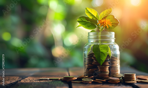 a plant growing in a glass jar filled with coins on a wooden table  symbolizing the concepts of saving money  investment growing money  and the idea of financial growth.