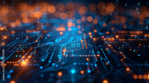 Tech Innovation: Circuit board patterns and digital elements symbolize techno...