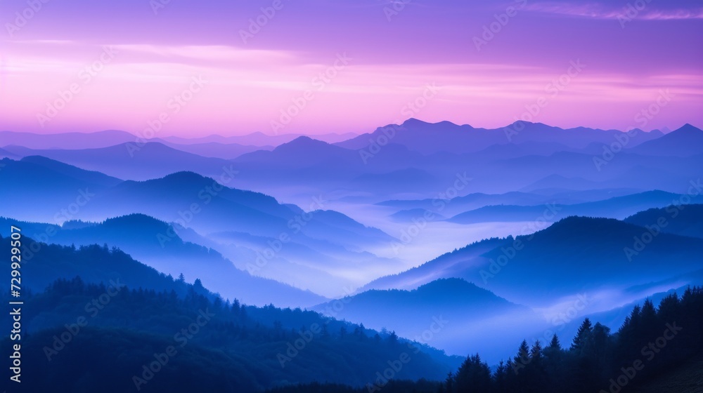 Mountain Mist at Dawn: Shades of purple and blue shrouded in mist evoke the majesty of mountains at sunrise.
