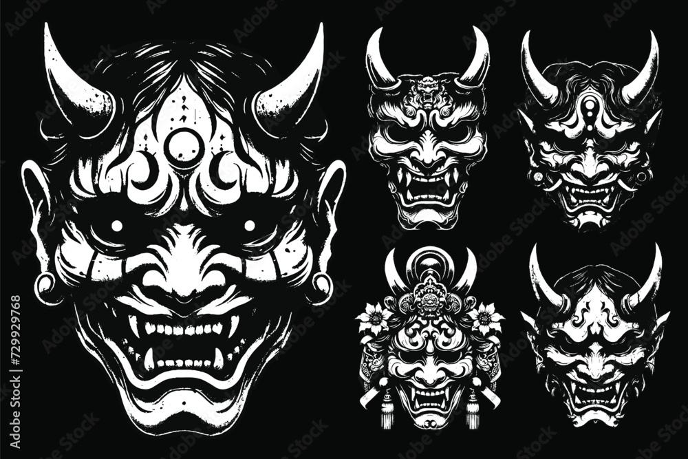 Set Dark Art Hannya Mask Japanese Oni Devil Oriental Horror Art Grunge Vintage Old School illustration