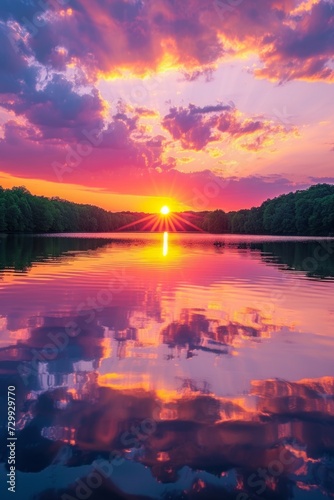 Sunset Over Calm Waters: Warm oranges, pinks, and purples reflect the serene beauty of a tranquil lake at sunset