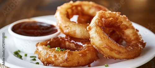 Serve onion rings and BBQ sauce on a plate.