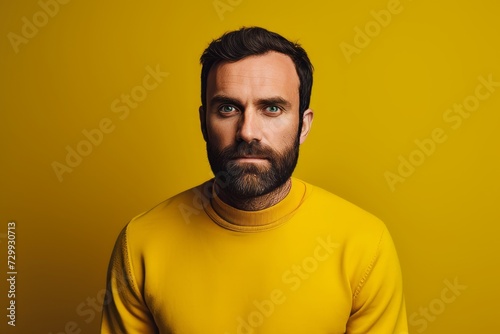 Portrait of a handsome bearded man in yellow sweater over yellow background