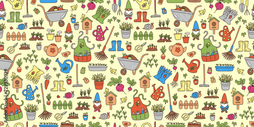 Cottagecore seamless pattern gardening theme. Cute garden tools. Countryside sustainable living vector illustration. Cozy spring summer repeat design. Rural eco garden and sustainability concept. 