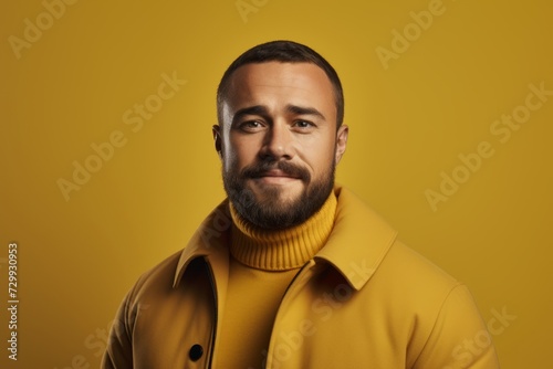 Portrait of a handsome bearded man in a yellow coat on a yellow background