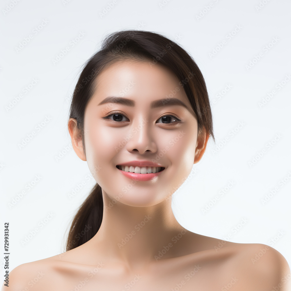 Beautiful young asian woman with clean fresh skin, against a plain white background Beautiful young asian woman with clean fresh skin, against a plain white background