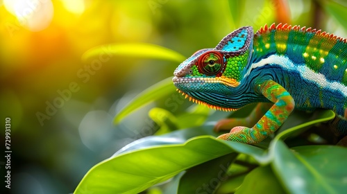 Yemeni chameleon isolated on large black background lizard on green leaf Brightly colored skin colorful chameleons photo