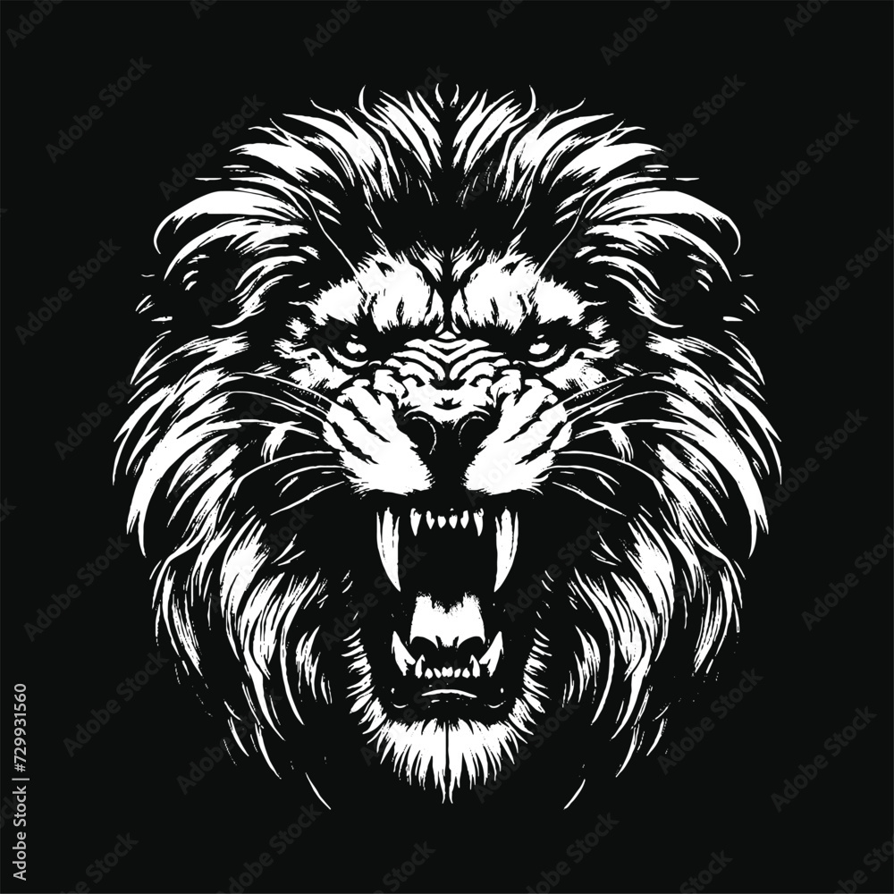 Fototapeta premium Dark Lion Beast King Animal Fangs Art Tattoo Grunge Vintage Style illustration