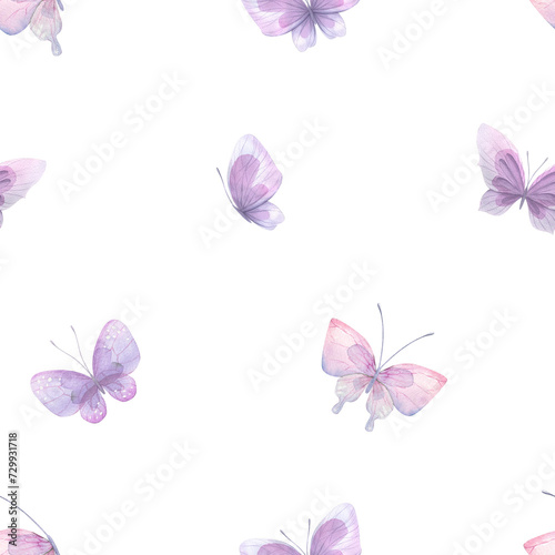 Watercolor illustration of pink and lilac butterflies. Seamless pattern, gentle, airy. For fabric, textiles, wallpaper, prints, scrap paper © NATASHA-CHU