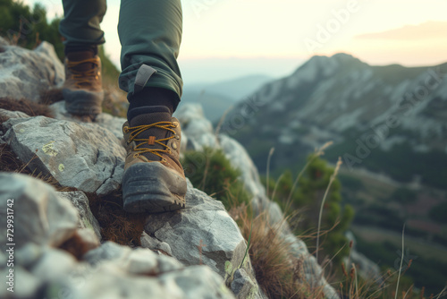 Awe-Inspiring Mountain Vista: Spectacular View Downward with Climber's Legs in Frame, Conveying Thrill of Adventure and Natural Majesty