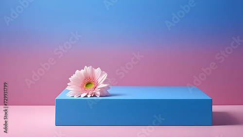 Blue platform  display podium for presentation of products  cosmetics on a pink background.