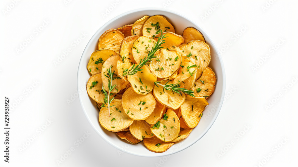 Bowl of crispy potato chips or crisps with thyme