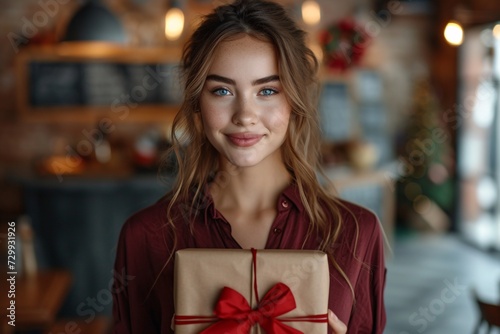 Holiday Glow A Beautiful Blonde Woman Posing with a Gift Wrapped in Red and Gold Ribbon Generative AI