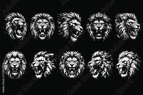 Set Bundle Dark Art Lion Beast King Animal Fangs Art Tattoo Grunge Vintage Style illustration