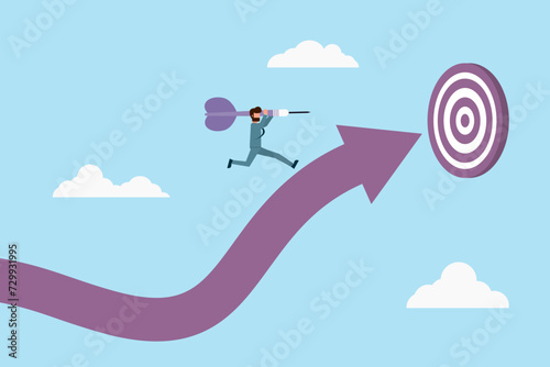 Businessman holding a dart to a goal. Ambitious and challenging to succeed in business. Career development and motivation to achieve great goals or goals concept. Vector illustration flat design style
