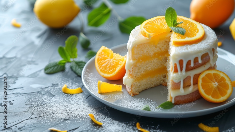 Homemade Tasty lemon cream cake zest A piece of biscuit dessert with powdered sugar glaze dripping over lemon and coconut flakes. Layered vanilla cake on a white plate.