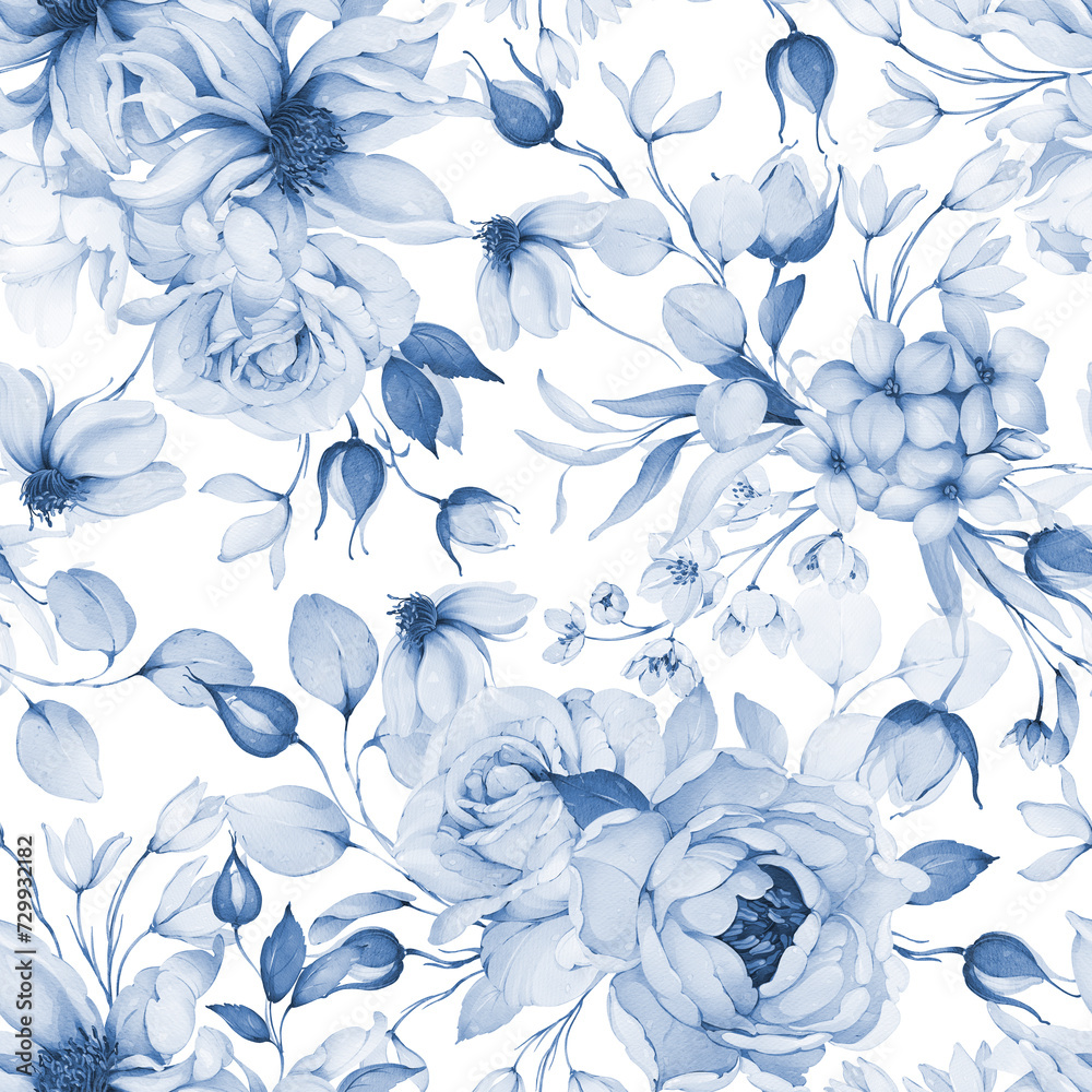 Seamless pattern with spring flowers in indigo tones