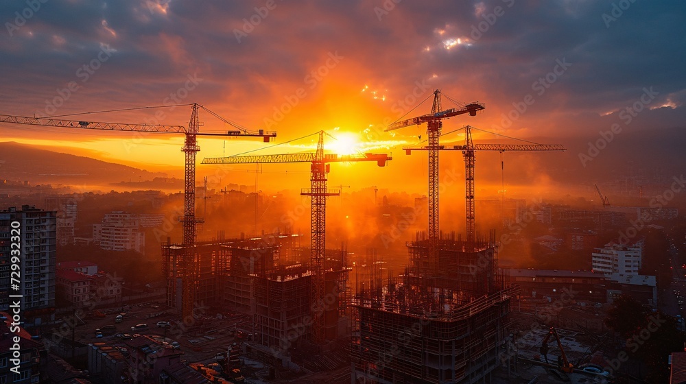 Sunset Over Cranes A Glimpse of the Construction Boom in September Generative AI