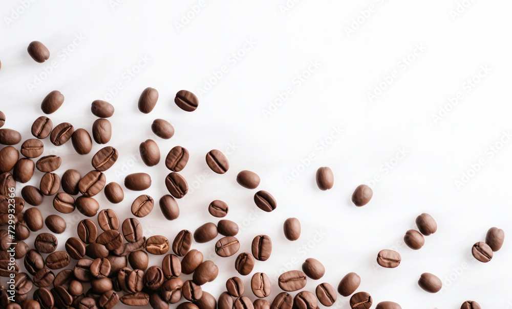 Roasted Coffee Beans isolated on white background banner, close up . Realistic coffee beans, detailed for cafe product, package, menu, advert Roasted Coffee Beans isolated on white background banner, close up . Realistic coffee beans, detailed for cafe product, package, menu, advert