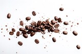 Roasted Coffee Beans splash flying isolated on white background, close up. Coffee beans falling, minimal creative for cafe product, package, menu, advert