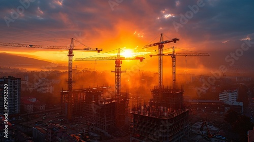 Sunset Over Cranes A Glimpse of the Construction Boom in September Generative AI