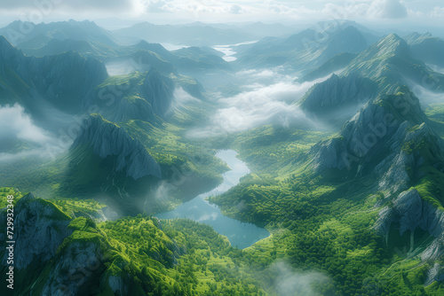 A drone shot capturing the majestic sprawl of a mountain range, with morning mist weaving through the valleys. Concept of natural grandeur from above. Generative Ai.