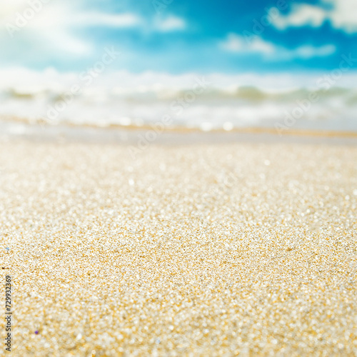 Blur tropical beach background with bokeh sun light wave and sand