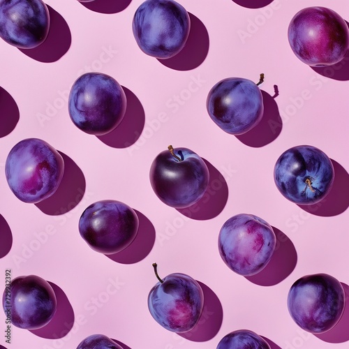 Plum fresh fruit flying pattern on pink background. Juicy whole raw plum falling, detailed. Grocery product package, advert