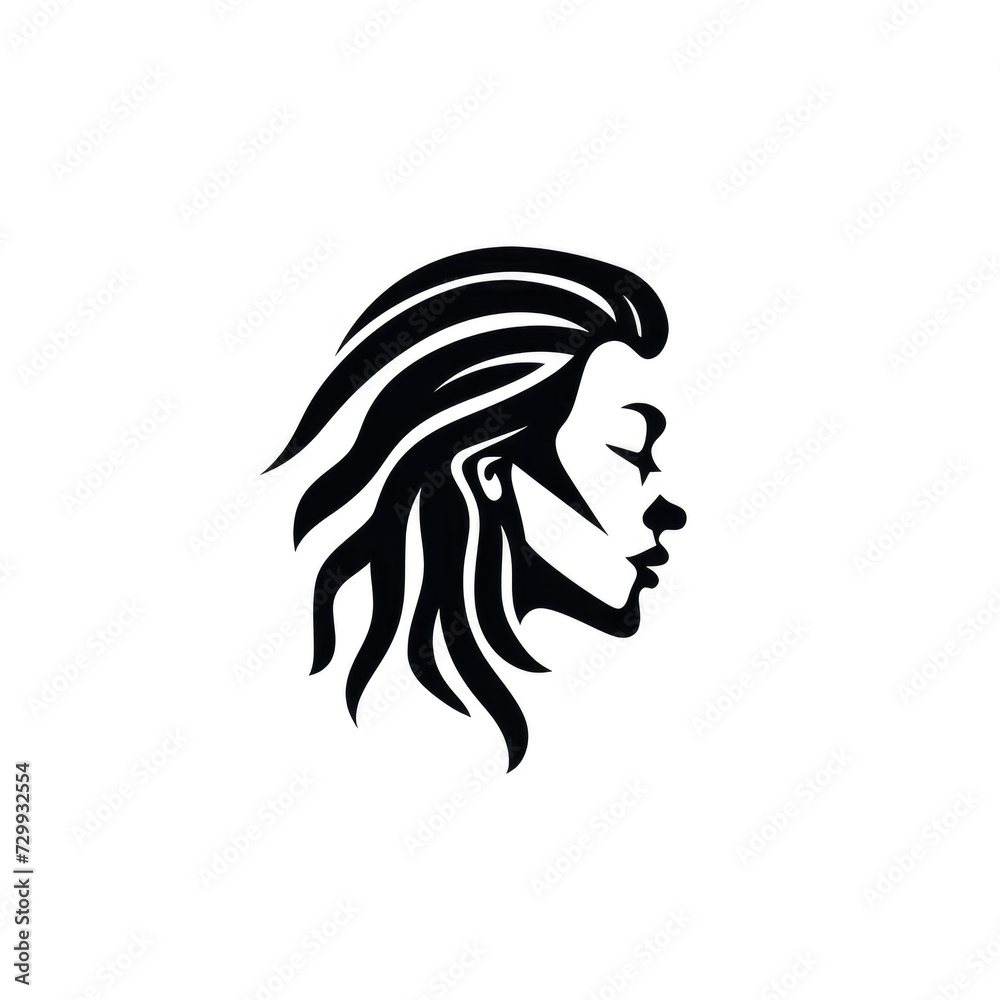 Simple graphic logo of girl with dreadlocks on white background.