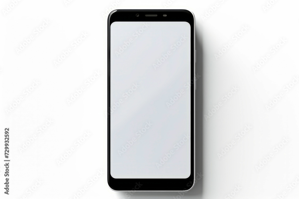 Black cell phone with white screen on white surface. Black cell phone with white screen on white surface.