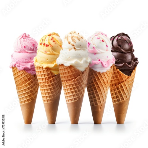Ice cream colorful set, banner close up, minimal isolated on white background. Ultra realistic mixed ice cream, icon, detailed. For birthday, party, grocery product advertising.