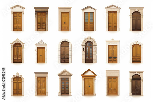 Set of twelve doors with windows and shutters on each side.