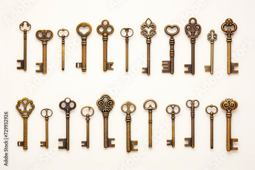 Bunch of old keys are arranged in row on white surface. © VISUAL BACKGROUND