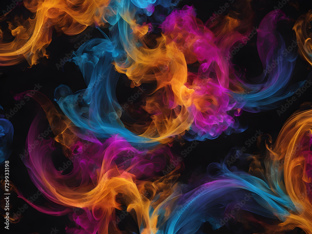 Fototapeta premium Abstract smoke texture in orange, purple, blue and yellow on a black background.