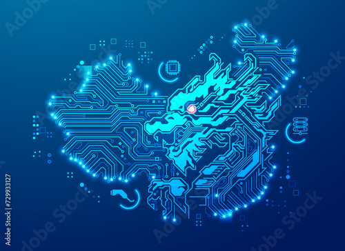 China technology or tech war, graphic of Dragon combined with electronic China map