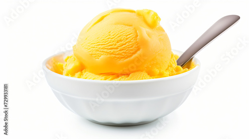 Bowl of mango ice cream scoop isolated on white photo