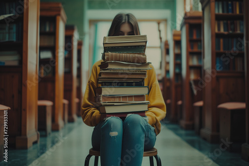 Student Overwhelmed with a Large Stack of Books, Studying Hard in University Library, Knowledge and Learning Concept, Academic Pressure and Education Challenge in a Scholarly Environment photo