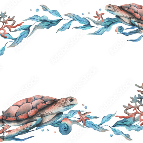 Underwater world clipart with sea animals turtle, shells, bubbles, coral and algae. Hand drawn watercolor illustration. Frame, template isolated from the background.