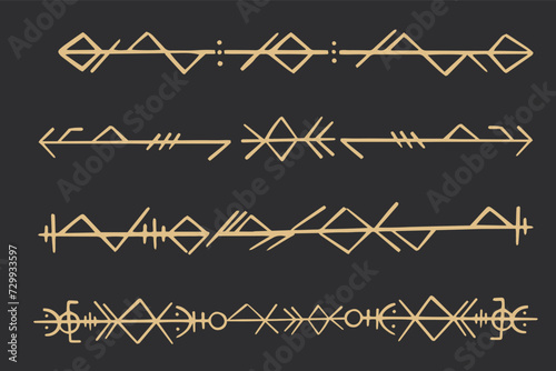 Set golden nordic celtic runes borders, dividers norse protection symbols line style, amulet, witchcraft signs on dark background. photo