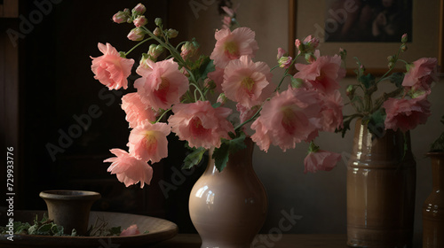 Hollyhock blooms in a cottage garden setting.