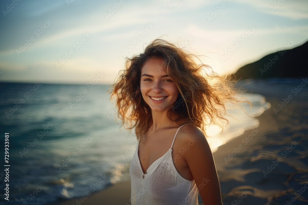 Beautiful caucasian girl with wind fluttering hair on summer beach at sunset close up. Health, relaxation, travel concept
