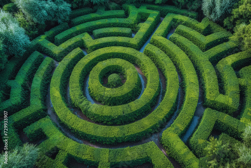 An aerial shot of a maze garden, with the intricate paths creating an artistic pattern. Concept of landscape design and recreational spaces. Generative Ai.