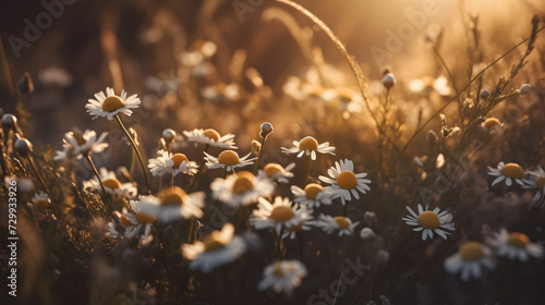 Chamomile blossoms illuminated by the golden hour sunlight