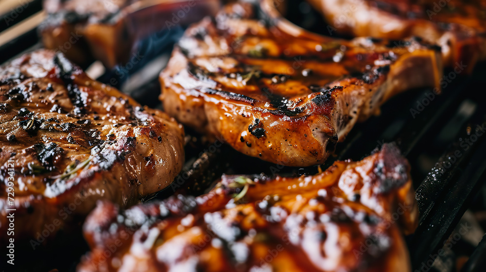 BBQ Pork Chops close-up, angle view, ultra realistic food photography