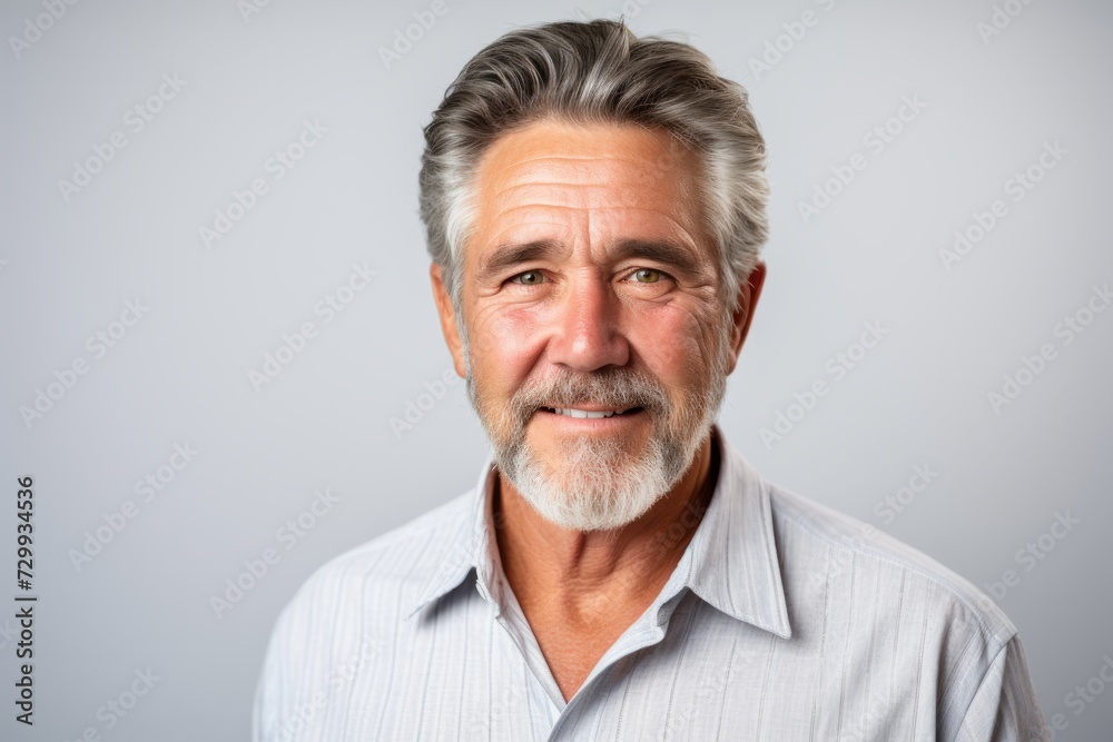 Handsome middle aged man with grey beard and mustache on grey background